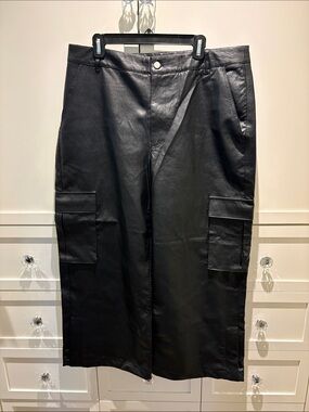 Black Faux Leather Cargo Pants